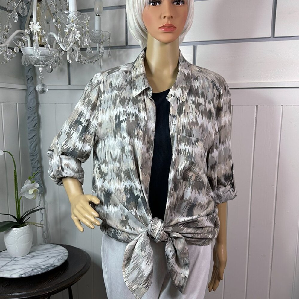 Brown, Beige, Gray Button Down Blouse Is it Camo? Intro. Size XL